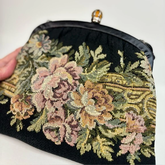 Vintage 1950’s Harry Levine Jewel Kiss Clasp Floral Tapestry Purse Leather Strap - Picture 4 of 16